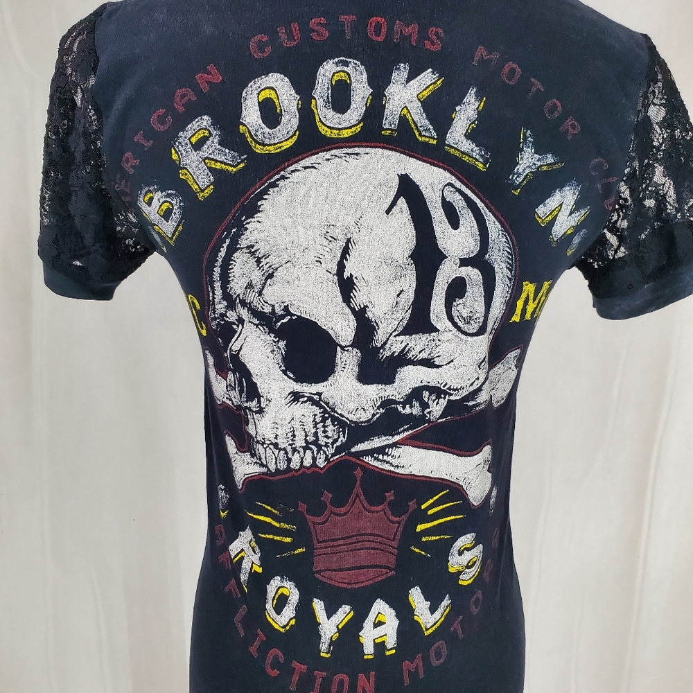 Affliction Women’s T-Shirt American Customs Motor Club Y2K Lace V-neck  Sz S - Picture 8 of 10